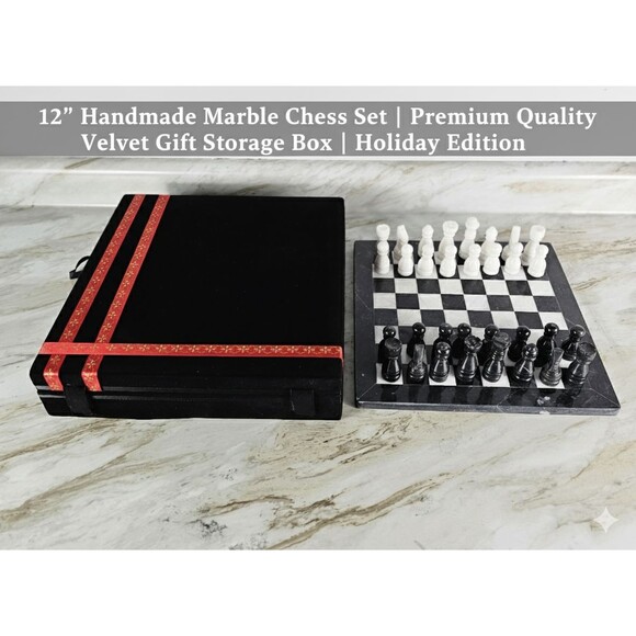 12" Marble Chess set, storage box, black/white, Christmas, Holiday Gift edition - Picture 2 of 16